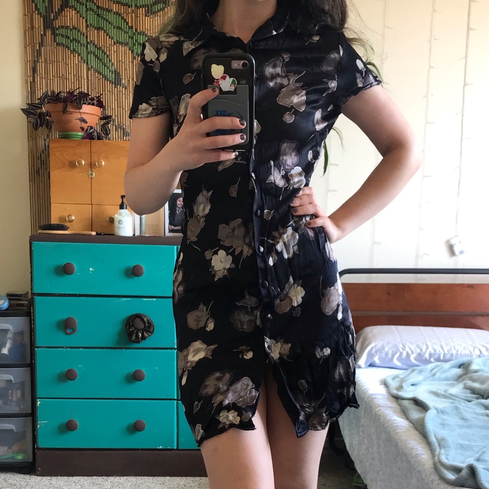 Satin / silk black floral dress